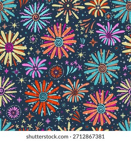 Divertidos fuegos artificiales dibujados a mano, patrón sin fisuras, ideal para textiles, envoltura, Anuncio, Fondos de pantalla - diseño de Vector