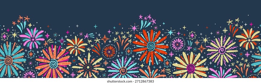 Fogos de artifício divertidos desenhados à mão, padrão sem costura, ótimo para têxteis, envoltório, banner, papéis de parede - design vetorial