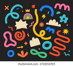 Lustige handgezeichnete Doodle-Formen und Schnörkel im kindlichen Stil. Pinsel bunte Zeichnungen einzeln auf schwarz, Collage-Elemente. Spielerisches Cartoon-Design für Verpackungsdesign, Tapeten und Druck. Vektorgrafik
