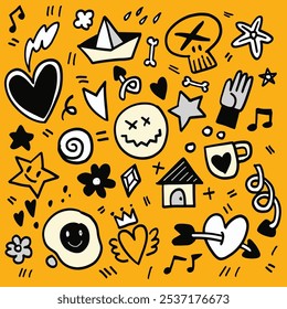 Fun hand drawn doodles featuring playful symbols like hearts, stars, skulls, arrows, and smiley faces on a vibrant yellow background.
