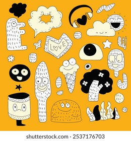 Fun hand drawn doodles featuring quirky characters, abstract shapes, and playful symbols like clouds, headphones, and ice cream on a yellow background.