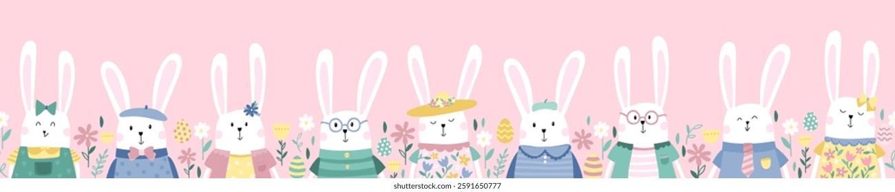 Fun hand drawn Easter Bunnies, vintage style bunnies with cute decorations, great for textiles, banners, wallpapers - vector design