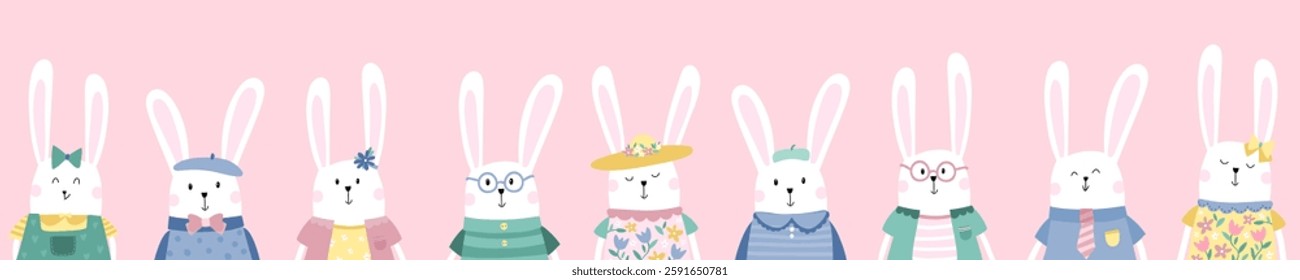 Fun hand drawn Easter Bunnies, vintage style bunnies with cute decorations, great for textiles, banners, wallpapers - vector design