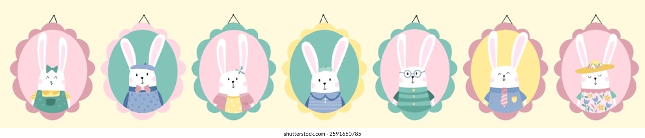 Fun hand drawn Easter Bunnies, vintage style bunnies in cute frames, great for textiles, banners, wallpapers - vector design