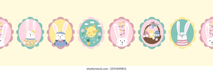Fun hand drawn Easter seamless pattern, vintage style bunnies in cute frames, great for textiles, banners, wallpapers - vector design