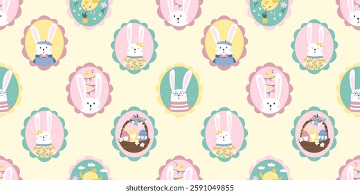 Fun hand drawn Easter seamless pattern, vintage style bunnies in cute frames, great for textiles, banners, wallpapers - vector design