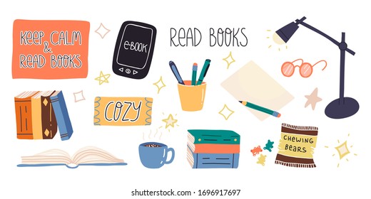 Fun hand drawn enjoying reading and home pastime and set. Various paper books, e-reader,mug with hot chocolate and marshmallow, table lamp, sweets,lettering stickers Keep calm and read books and Cozy.