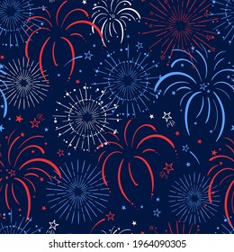 Fun hand drawn firework seamless pattern in red, blue white colors, party background, great for Independence day, fabrics, banners, wallpapers, wrapping - vector design
