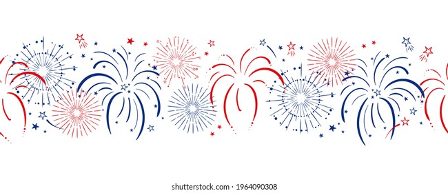 Fun hand drawn firework seamless pattern in red, blue white colors, party background, great for Independence day, fabrics, banners, wallpapers, wrapping - vector design
