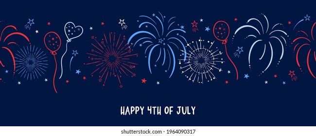 Fun hand drawn firework seamless pattern in red, blue white colors, party background, great for Independence day, fabrics, banners, wallpapers, wrapping - vector design