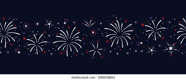 Fun hand drawn firework seamless pattern in red, blue white colors, party background, great for Independence day, fabrics, banners, wallpapers, wrapping - vector design