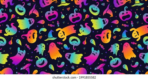 Fun hand drawn ghosts seamless pattern  cute   spooky Halloween background  great for textiles  wrapping  cloth  banners  wallpapers    vector design