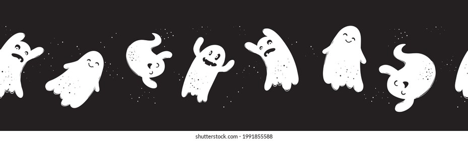 Fun hand drawn ghosts seamless pattern, cute and spooky Halloween background, great for textiles, wrapping, cloth, banners, wallpapers - vector design