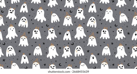 Divertidos fantasmas dibujados a mano sin patrón, lindo y espeluznante fondo de Halloween, ideal para textiles, envoltura, tela, Anuncios, Fondos de pantalla - diseño de Vector