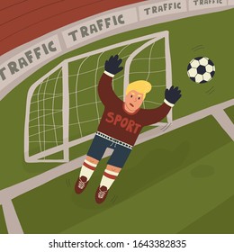 Fun hand drawn goalkeeper catching or blocking the ball in jump on pitch background. Flat vector isolated illustration.