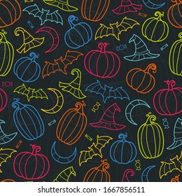 Fun hand drawn halloween background, colorful pumpkin seamless pattern, great for textiles, banners, wallpapers, wrapping - vector design