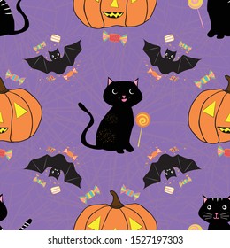 Fun hand drawn Halloween design with cats, bats, pumpkins and candy treats. Seamless vector pattern on purple background with subtle spiderweb texture. Great for giftwrap, party, invitations, web