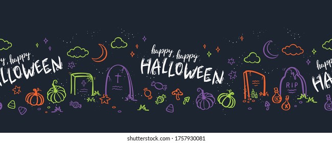 Patrón horizontal de halloween dibujado a mano divertida con fantasmas, calabazas, murciélagos y dulces. Excelente para conceptos de halloween, textiles, banners, papel pintado, envoltura - diseño vectorial