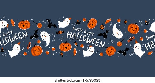 Frische, handgezeichnete, nahtlose horizontale Muster mit Gespenstern, Kürbissen, Fledermäusen und Süßigkeiten. Ideal für Halloween-Konzepte, Textilien, Banner, Wallpaper, Umhüllung - Vektordesign