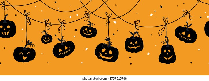 Patrón de calabaza horizontal de halloween dibujado a mano divertida, fondo de calabazas lindas, genial para banderas, papel de pared, textiles, tarjetas - diseño vectorial