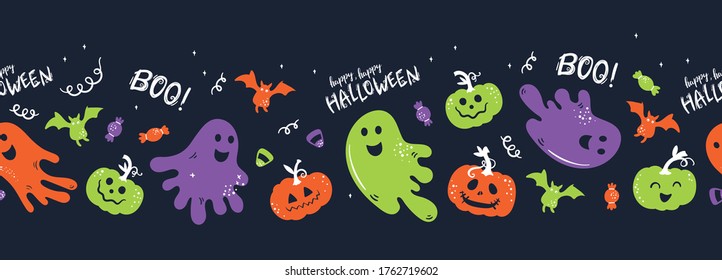 Fun hand drawn Halloween horizontal seamless pattern, cute ghosts, pumpkins, bats and decoration, great for textiles, wrapping, banners, wallpapers - vector design