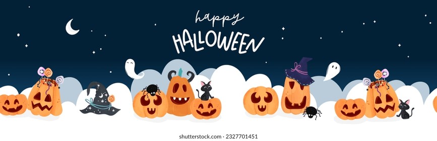 Fun hand drawn halloween horizontal pumpkin seamless pattern, cute pumpkins background, great for banners, wallpapers, textiles, cards - vector design 
