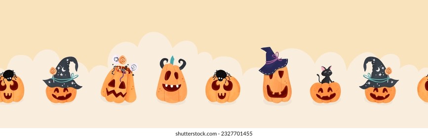 Fun hand drawn halloween horizontal pumpkin seamless pattern, cute pumpkins background, great for banners, wallpapers, textiles, cards - vector design 

