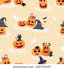 Fun hand drawn halloween pumpkin seamless pattern, cute pumpkins background, great for banners, wallpapers, textiles, cards - vector design 