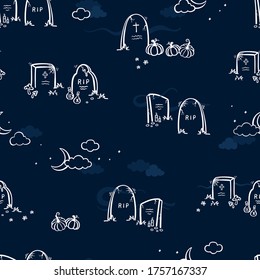 Fun hand drawn halloween seamless pattern with ghosts, graveyard, pumpkins - great for textiles, banners, wallpapers, wrapping - vector design