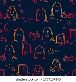 Fun hand drawn halloween seamless pattern with ghosts, graveyard, pumpkins - great for textiles, banners, wallpapers, wrapping - vector design