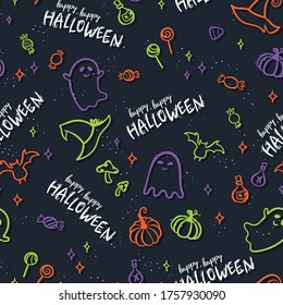 Fun hand drawn halloween seamless pattern with ghosts, pumpkins, bats and candy. Great for halloween concepts, textiles, banners, wallpapers, wrapping - vector design