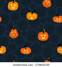 Fun hand drawn halloween seamless pattern with ghosts, pumpkins, bats and candy. Great for halloween concepts, textiles, banners, wallpapers, wrapping - vector design
