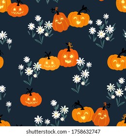 Fun hand drawn halloween seamless pattern with ghosts, pumpkins, bats and candy. Great for halloween concepts, textiles, banners, wallpapers, wrapping - vector design
