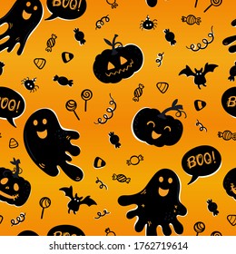 Fun hand drawn Halloween seamless pattern, cute ghosts, pumpkins, bats and decoration, great for textiles, wrapping, banners, wallpapers - vector design