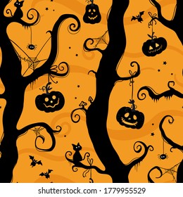 Patrón inmaculado de halloween dibujado a mano, ramas espeluznantes y telarañas, calabazas y murciélagos - genial para textiles, envoltura de banners - diseño vectorial 