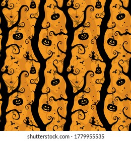 Fun hand drawn halloween seamless pattern, spooky branches and spiderwebs, pumpkins and bats - great for textiles, banners wrapping - vector design 
