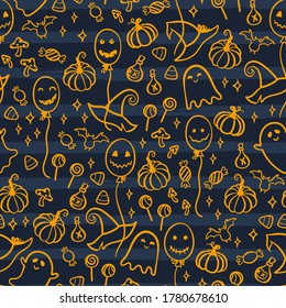 Fun hand drawn Halloween seamless patter, party background with balloons and decoration, great for wallpapers, textiles, banners, wrapping - vector design