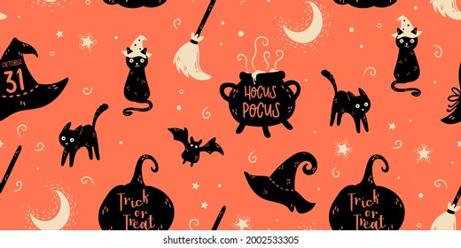 Fun hand drawn Halloween seamless pattern with cats, hats, bats and decoration - great for textiles, banners, wallpapers, wrapping - vector design