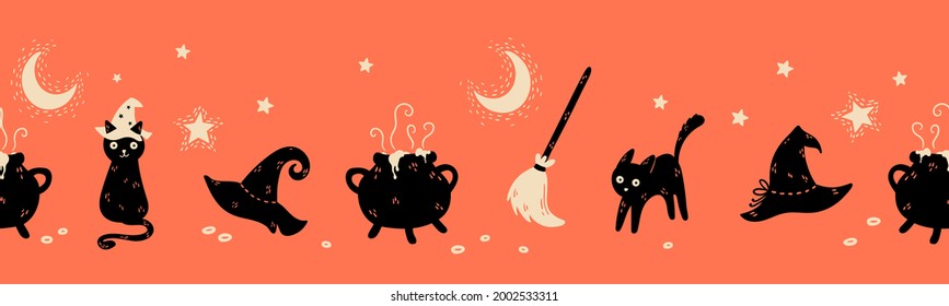 Fun hand drawn Halloween seamless pattern with cats, hats, bats and decoration - great for textiles, banners, wallpapers, wrapping - vector design