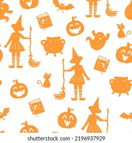 Fun hand drawn Halloween seamless pattern with cats, hats, bats and decoration - great for textiles, banners, wallpapers, wrapping - vector design 