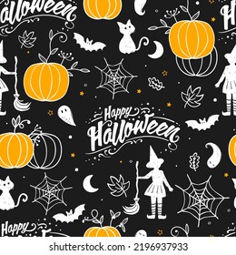 Fun hand drawn Halloween seamless pattern with cats, hats, bats and decoration - great for textiles, banners, wallpapers, wrapping - vector design 