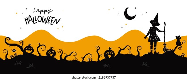 Fun hand drawn Halloween seamless pattern with cats, hats, bats and decoration - great for textiles, banners, wallpapers, wrapping - vector design 