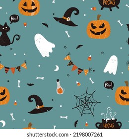 Fun hand drawn Halloween seamless pattern with cats, hats, bats and decoration - great for textiles, banners, wallpapers, wrapping - vector design