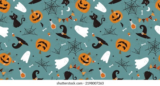 Patrón de Halloween sin fisuras dibujado a mano divertido con gatos, sombreros, murciélagos y decoración - genial para textiles, carteles, papel pintado, envoltura - diseño vectorial