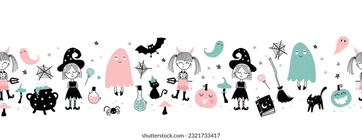 Fun hand drawn Halloween seamless pattern with cats, hats, bats and decoration - great for textiles, banners, wallpapers, wrapping - vector design
