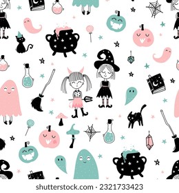 Fun hand drawn Halloween seamless pattern with cats, hats, bats and decoration - great for textiles, banners, wallpapers, wrapping - vector design
