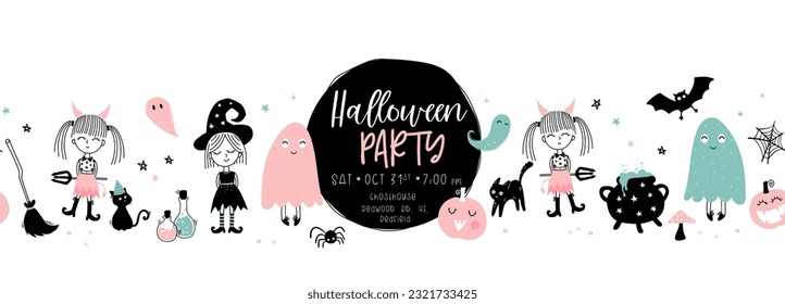 Fun hand drawn Halloween seamless pattern with cats, hats, bats and decoration - great for textiles, banners, wallpapers, wrapping - vector design
