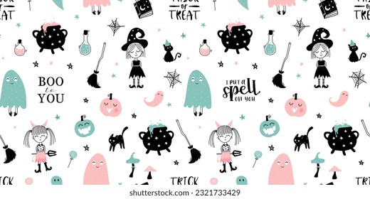 Fun hand drawn Halloween seamless pattern with cats, hats, bats and decoration - great for textiles, banners, wallpapers, wrapping - vector design
