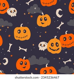 Fun hand drawn Halloween seamless pattern and pumpkins   decoration    great for textiles  banners  wallpapers  wrapping    vector design 
