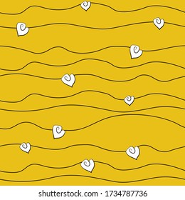 Fun Hand Drawn Heart on irregular lines. Seamless Repeat Wallpaper.  Vector Yellow background.  Art line illustration for wrapping paper, textile, fabric, print and graphic projects.